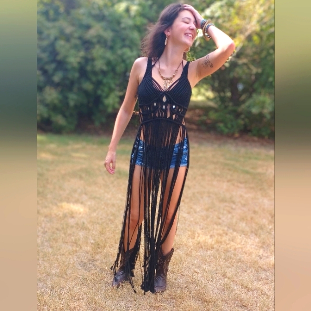 Handmade Macreme Festival Boho Dress Black